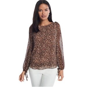 White House Black Market Leopard Print Blouse SZ 10 Sheer Fabric Balloon Sleeves